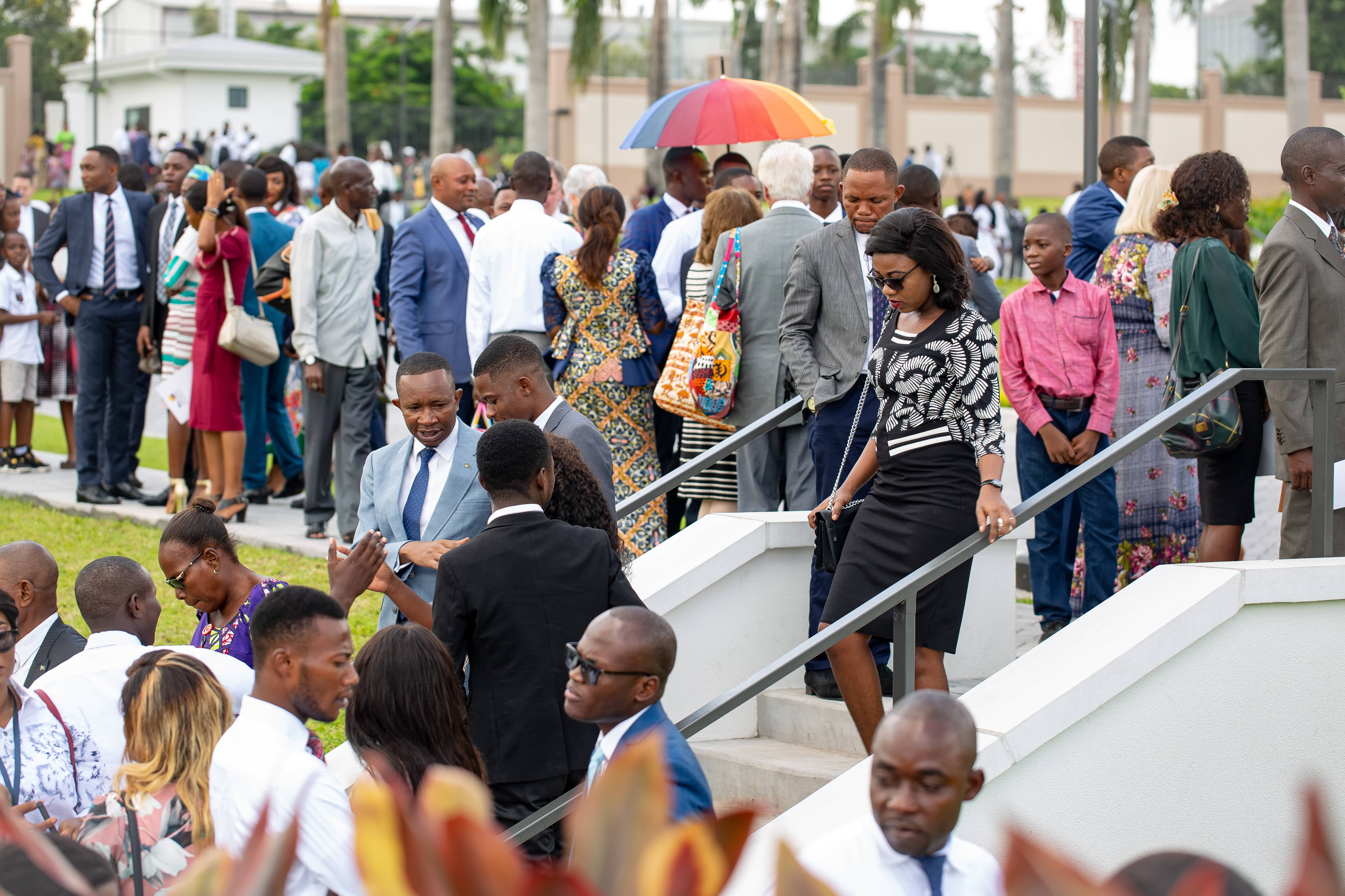 Latter-day Saints gather outside the Kinshasa Democratic Republic of the Congo Temple on its dedication day, Sunday, April 14, 2019.