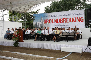 Members await ceremonial groundbreaking for Cebu Philippines Temple. The temple will be the centerpiece in a complex that includes a meetinghouse, patron housing, temple president's residence and mission headquarters.