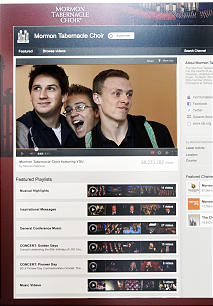 Kyle McBeth, left, Ethan Brinton and Cameron Cooley, Copper Hills students, pose for a photo in a cutout after the Mormon Tabernacle announces the launch of its new YouTube channel in Salt Lake City, Tuesday, Oct. 30, 2012.