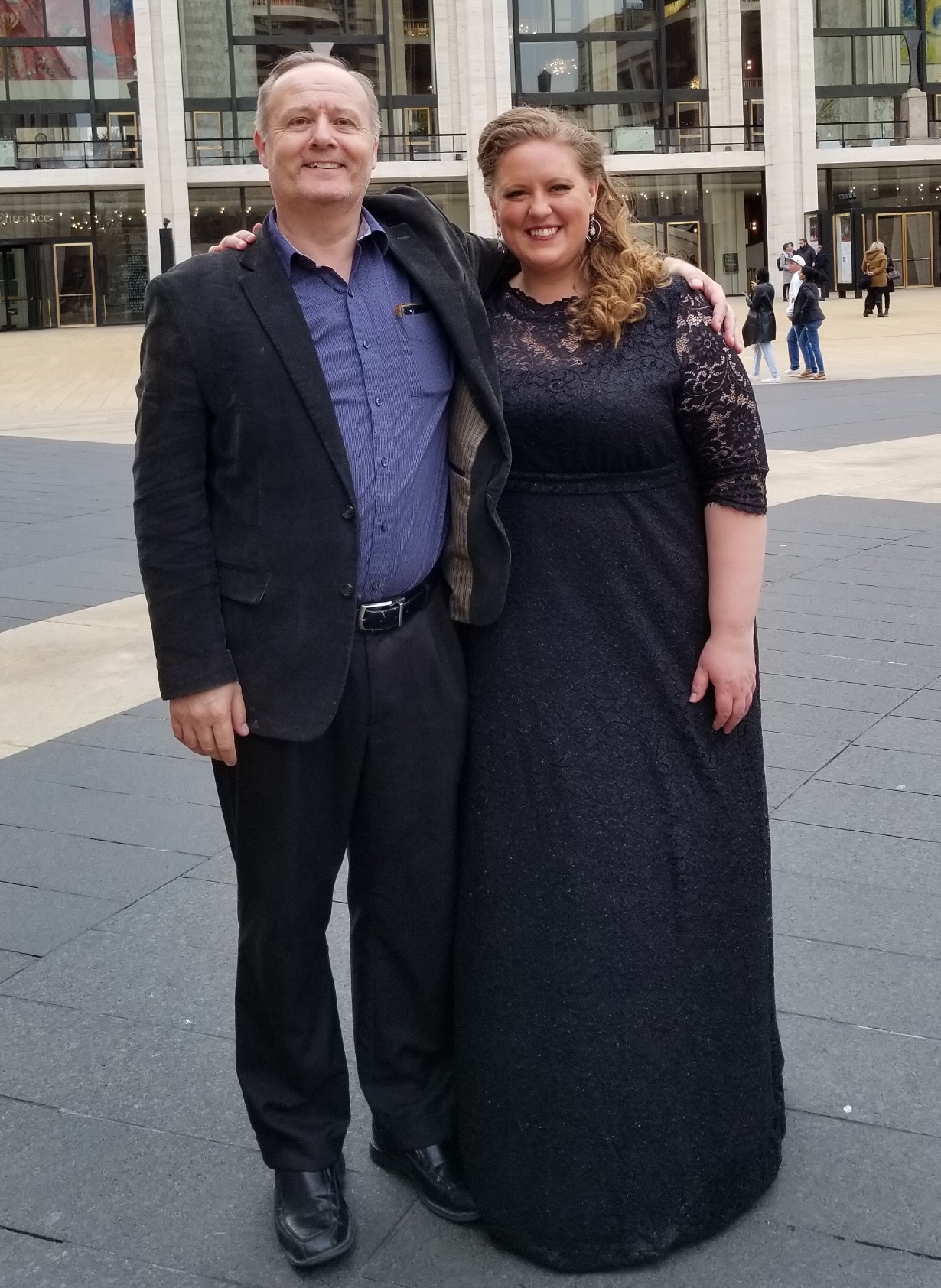 Mary Hoskins and her voice teacher, BYU professor Darrell Babidge, outside New York City's Metropolitan Opera House.
