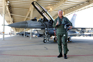 President Dieter F. Uchtdorf prepares for flight in an F-16 during a visit to Utah's Hill Air Force Base in July. He said the flight was joyful and impressive, a kind of closure to his whole flying career.