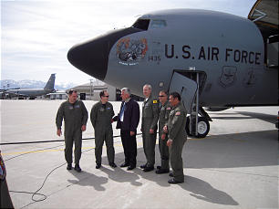When President Dieter F. Uchtdorf, third from left, visited the Utah Air National Guard base last May, he took a flight on the KC-135 tanker.