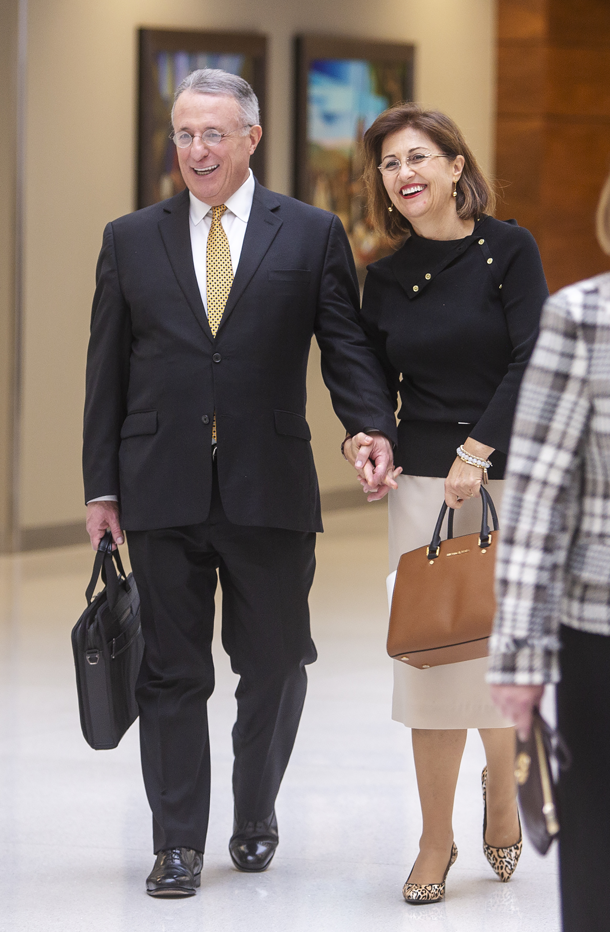Elder Ulisses Soares of the Quorum of the Twelve Apostles and his wife, Sister Rosana Soares, arrive for the rededication prayer for the Caroline Hemenway Harman Building at BYU in Provo, Utah, on Tuesday, Feb. 5, 2019.