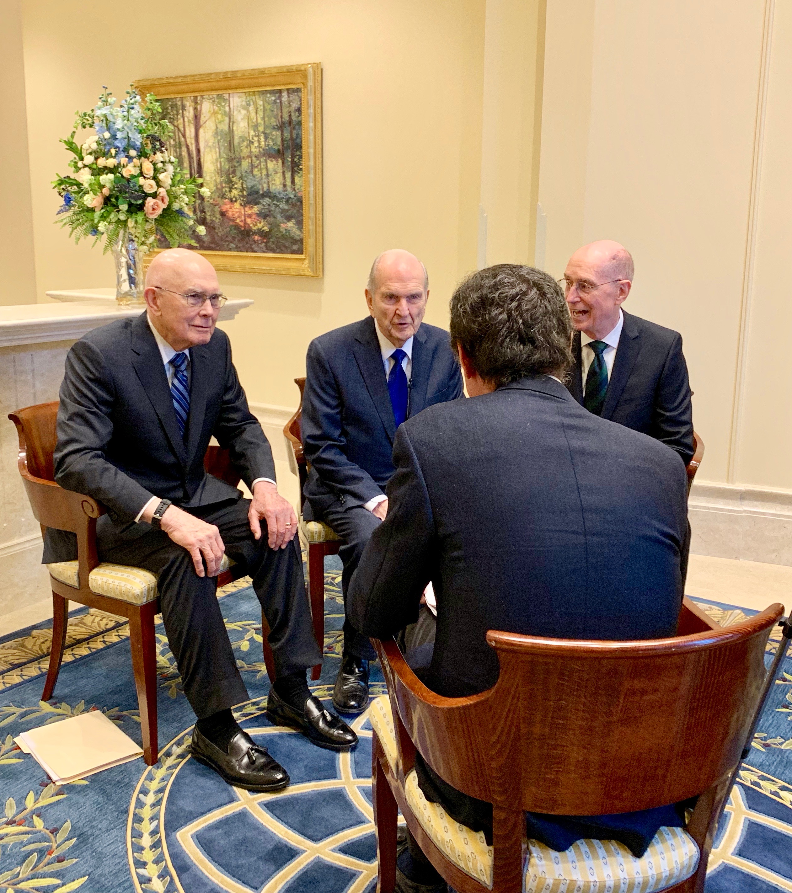 President Dallin H. Oaks, President Russell M. Nelson and President Henry B. Eyring talk with La Stampa correspondent Paolo Mastrolilli during the reporter's exclusive interview of the First Presidency of The Church of Jesus Christ of Latter-day Saints in the Rome Italy Temple on Monday, March 11, 2019.
