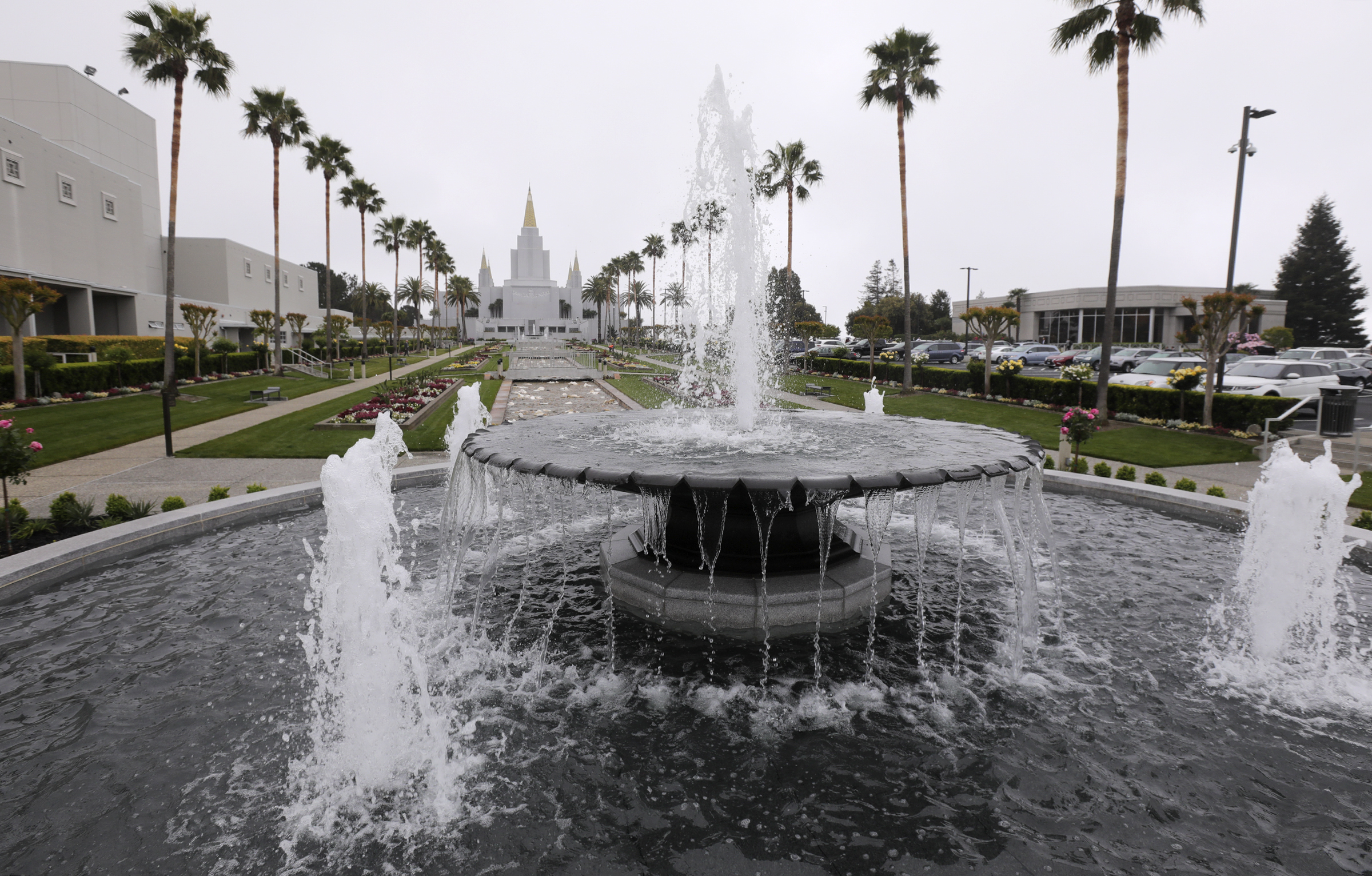 The fountains of the newly renovated Oakland California Temple, of The Church of Jesus Christ of Latter-day Saints, in Oakland, Calif., on Monday, May 6, 2019.