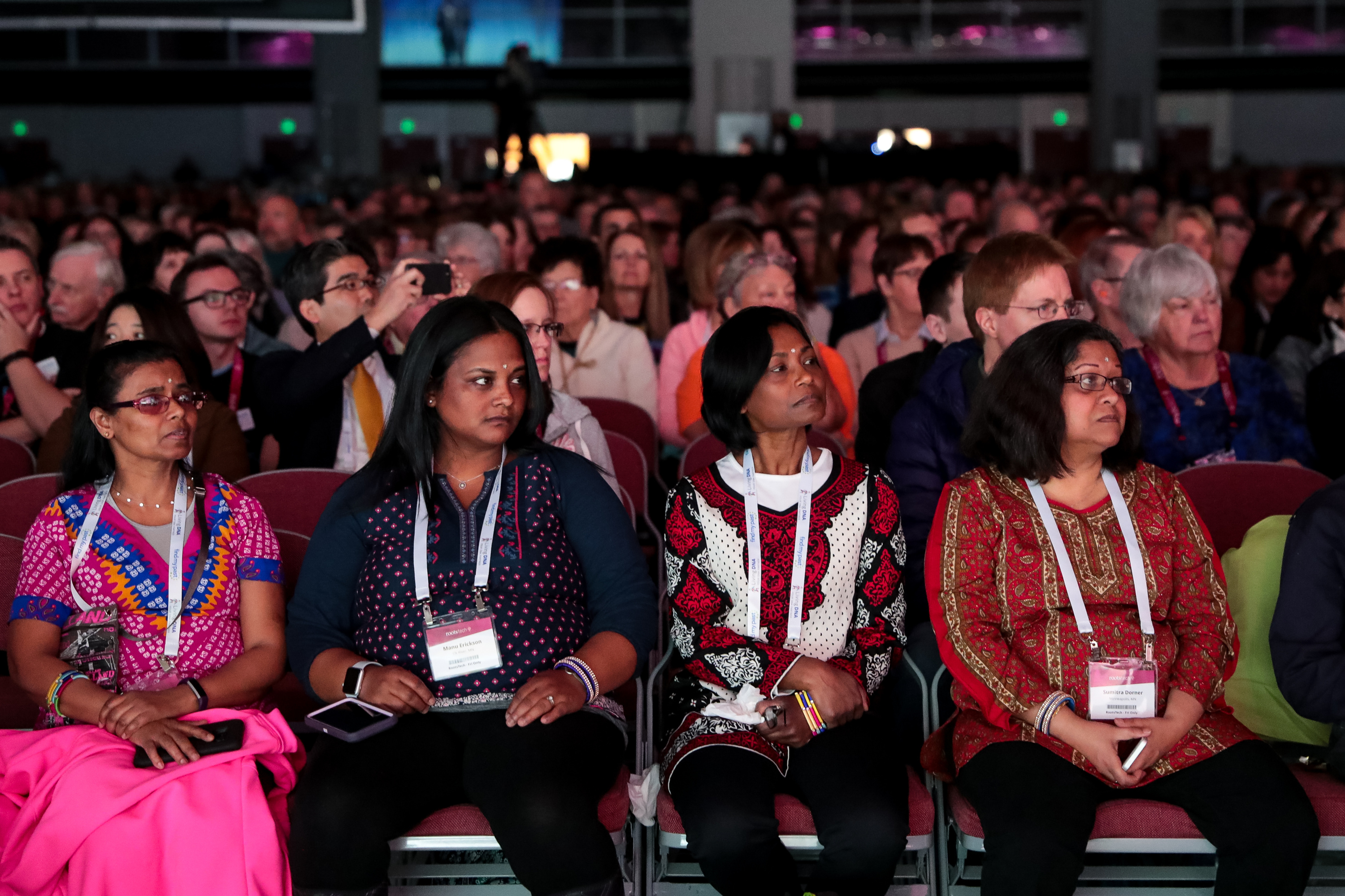 People listen as Saroo Brierley gives a keynote address at the RootsTech conference at the Salt Palace in Salt Lake City on Friday, March 1, 2019. Brierley lost contact with his family as a young child in India and was raised by an adoptive family in Australia, before later reconnecting with his biological family.