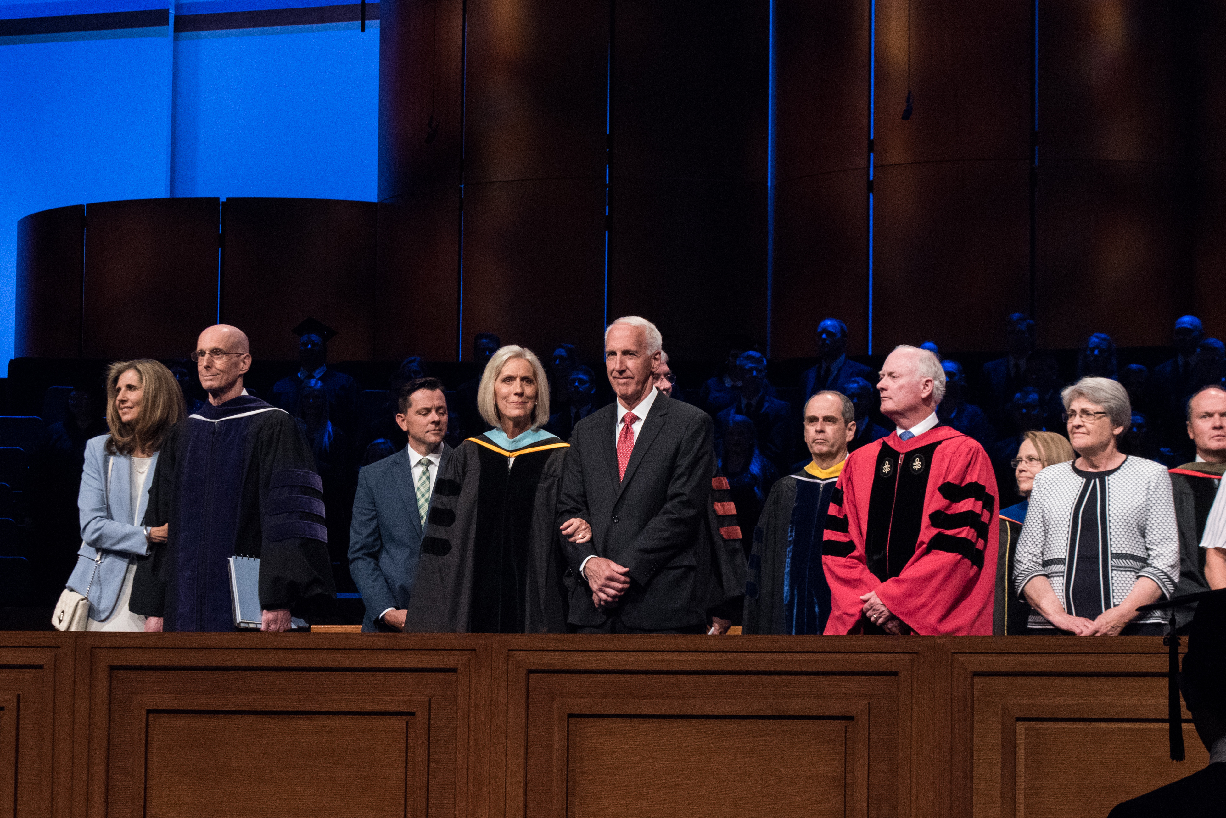 Sister Joy D. Jones, Primary general president, stands with her husband, Robert B. Jones, and with BYU-Idaho President Henry J. Eyring, left, and his wife, Sister Kelly Eyring, and Elder Kim B. Clark, General Authority Seventy and commissioner of the Church Educational System, right, and his wife, Sister Sue Clark, during commencement exercises at BYU-Idaho on July 23, 2019.