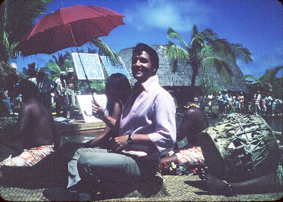 In the film "Paradise, Hawaiian Style," Elvis rides a canoe past the island villages of the Polynesian Cultural Center while singing “Drums of the Islands,” a song originally written by Fijian musician Ratu Isireli Racule who later joined the Church.