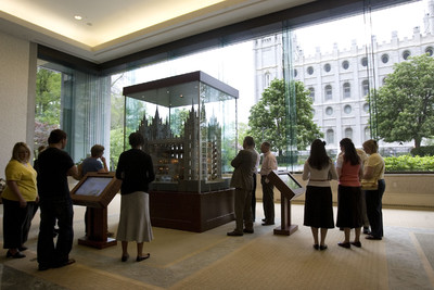 An exhibit featuring a 1:32 scale replica of the Salt Lake Temple is on display in the South Visitors Center on Temple Square.