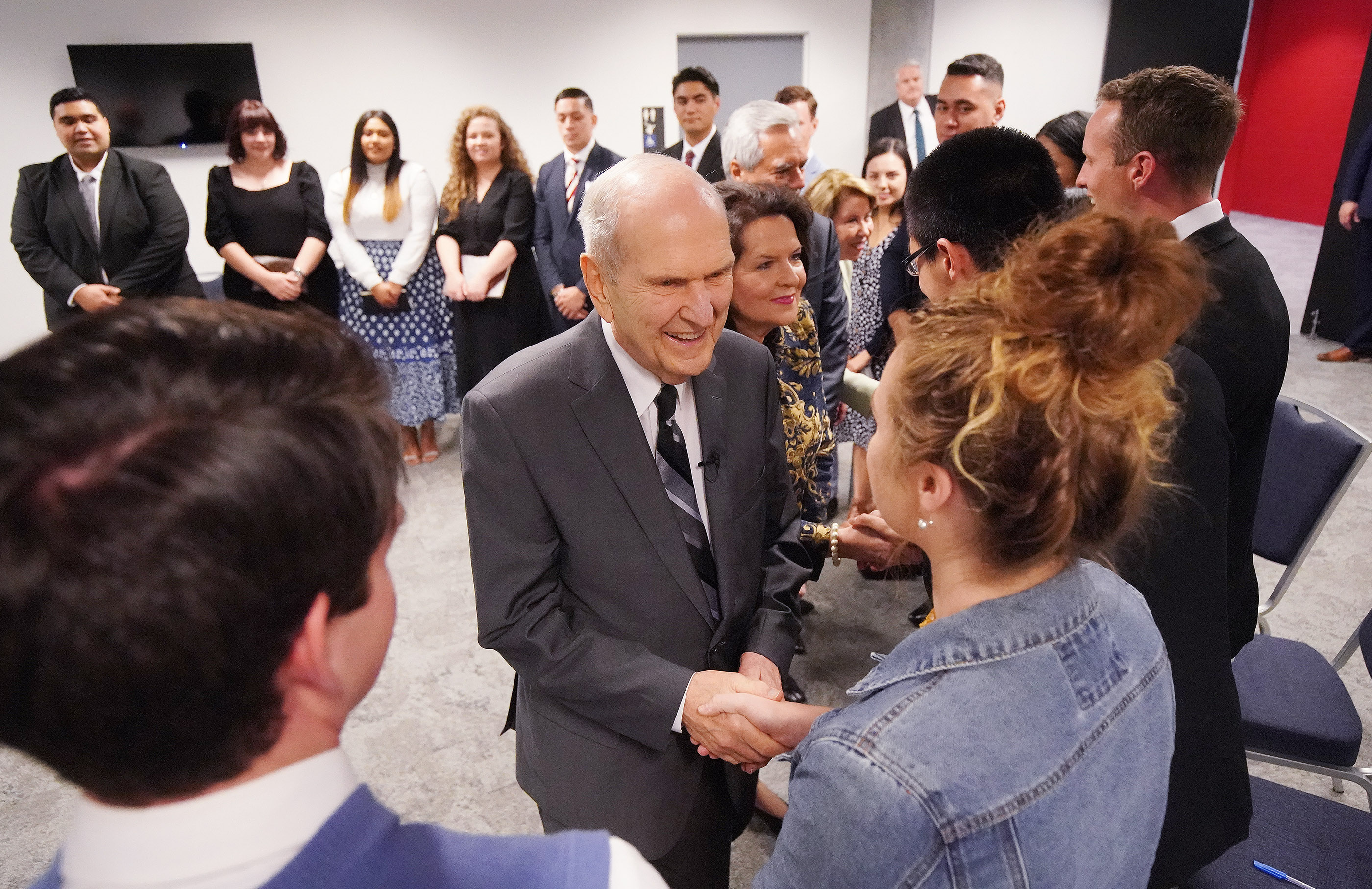 President Russell M. Nelson of The Church of Jesus Christ of Latter-day Saints and his wife Sister Wendy Nelson meet with youth during a meeting on May 19, 2019 in Sydney, Australia.