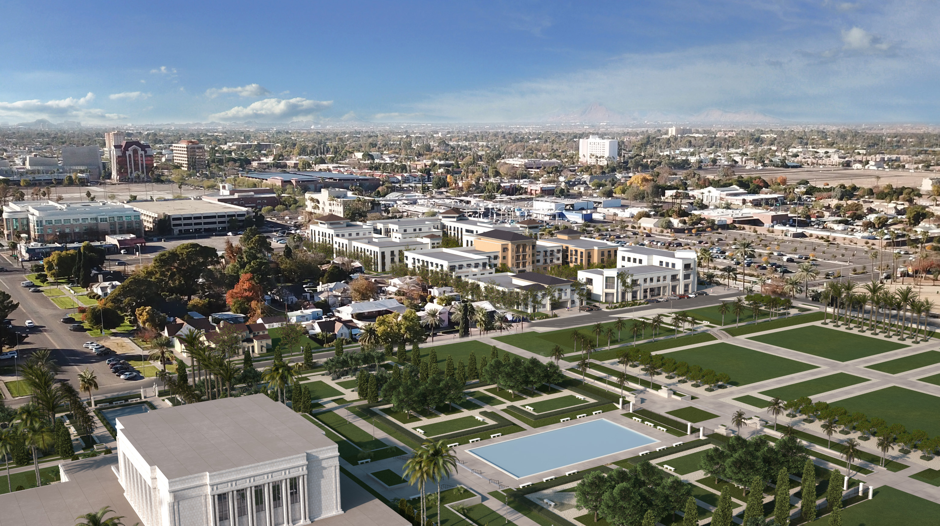 A rendering of what the area near the Mesa Arizona Temple will look like upon completion.