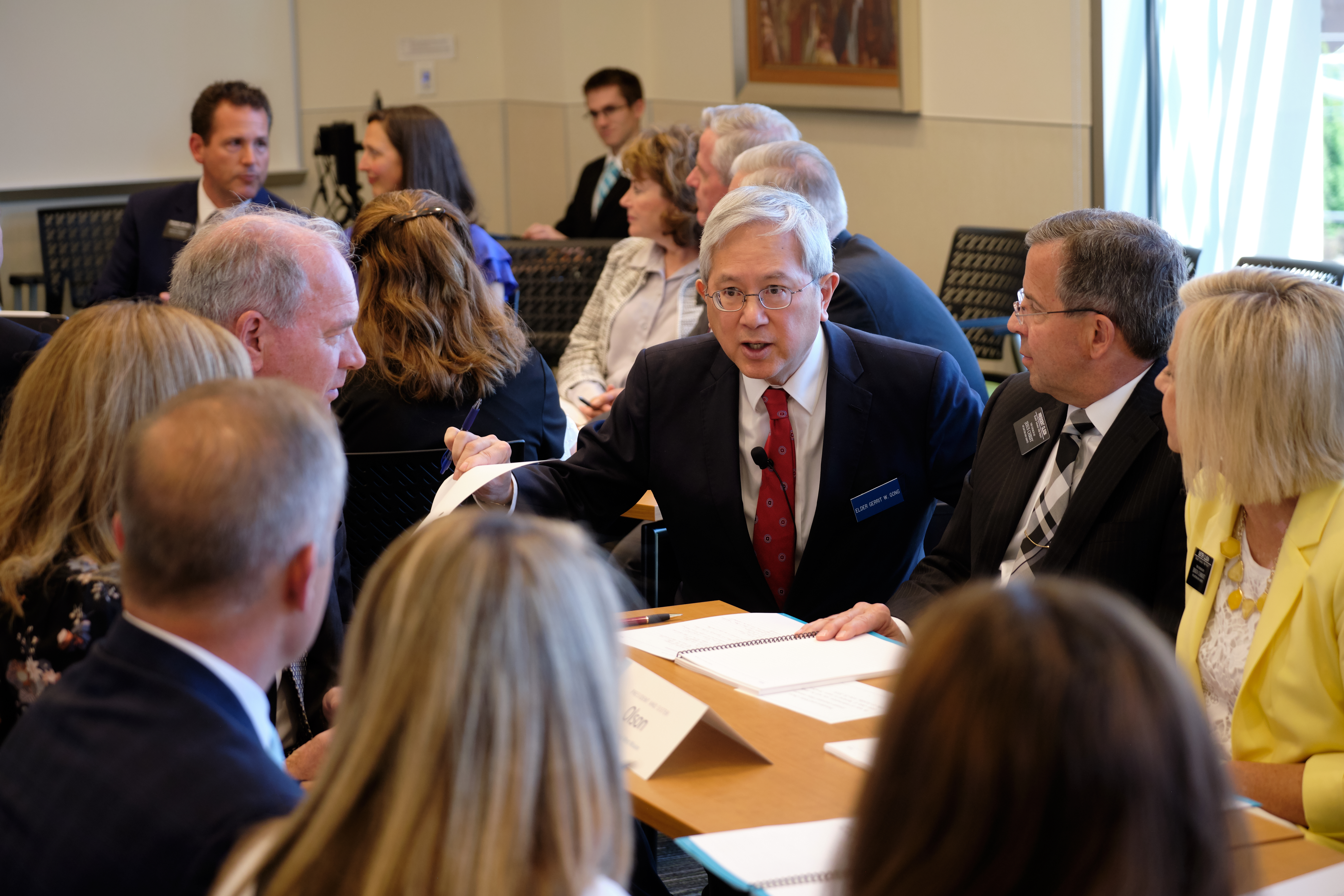 Elder Gerrit W. Gong of the Quorum of the Twelve Apostles speaks with new mission presidents and their wives during a breakout session of the 2019 Mission Leadership Seminar at the Provo Missionary Training Center which was held June 23-25.