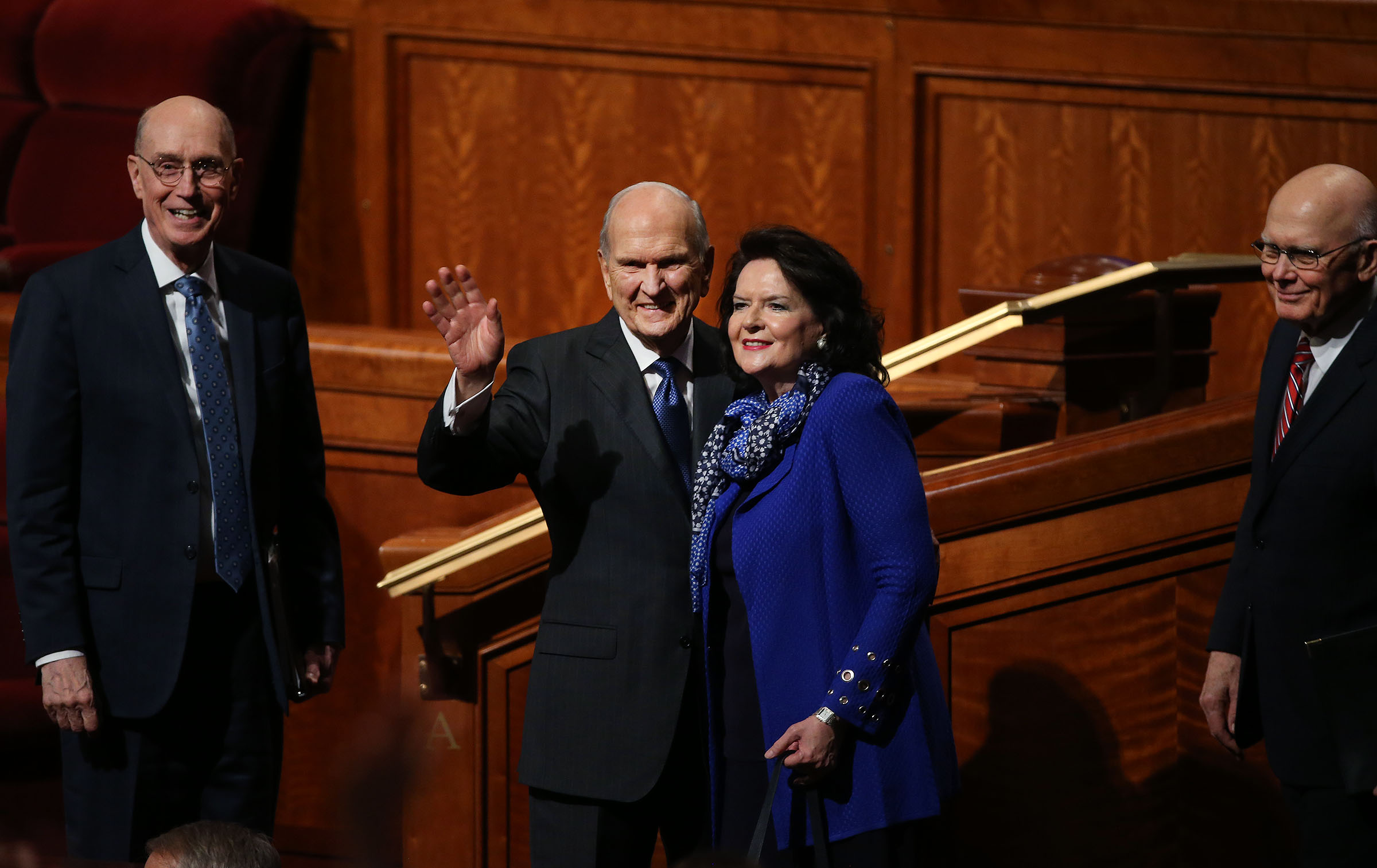 President Henry B. Eyring, left, Second Counselor in the First Presidency, President Russell M. Nelson and his wife, Wendy, and President Dallin H.Oaks, First Counselor in the First Presidency, wave to the audience after the general women's session of the 188th Semiannual General Conference of The Church of Jesus Christ of Latter-day Saints held in the Conference Center in downtown Salt Lake City on Oct. 6, 2018.