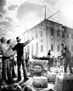 Gary Smith painting shows building of original Nauvoo Temple.