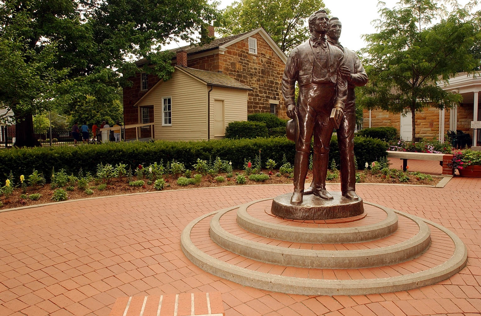 A statue of Joseph and Hyrum Smith is outside of Carthage Jail, where the brothers were killed on June 27, 1844.