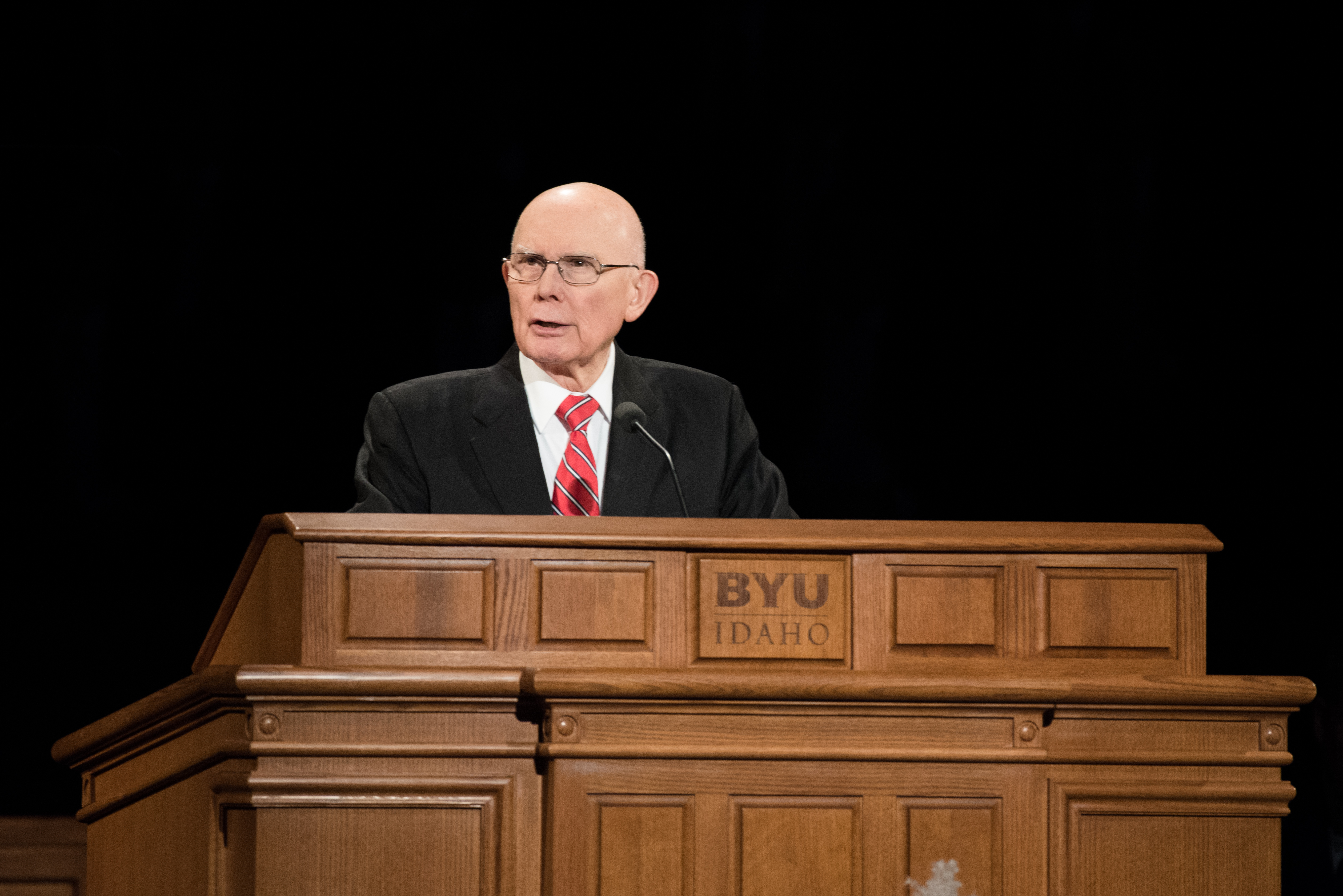 President Dallin H. Oaks of the First Presidency speaks at a BYU-Idaho campus devotional on Oct. 30.