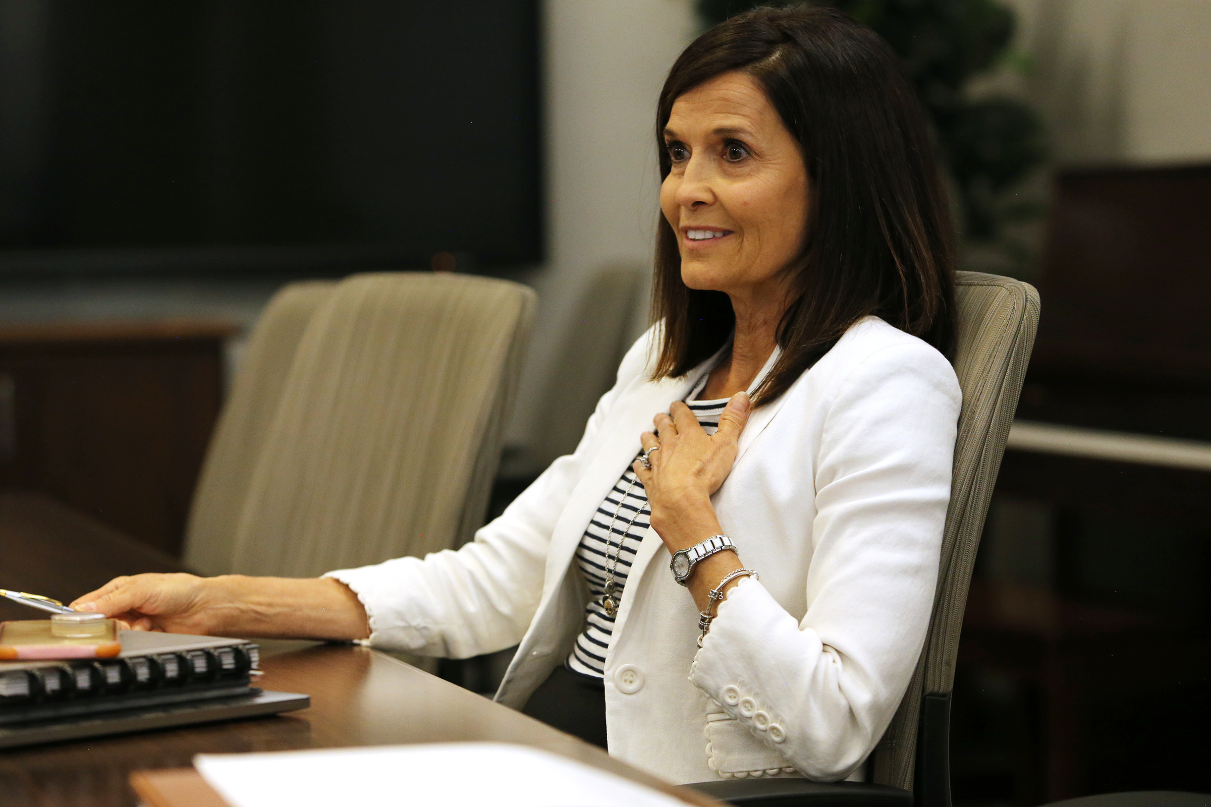 Sister Becky Craven makes a comment in a joint discussion between the Young Women and Young Men general presidencies on the development of the 2020 youth theme Tuesday, Aug. 20, 2019, at the Church Office Building in Salt Lake City.
