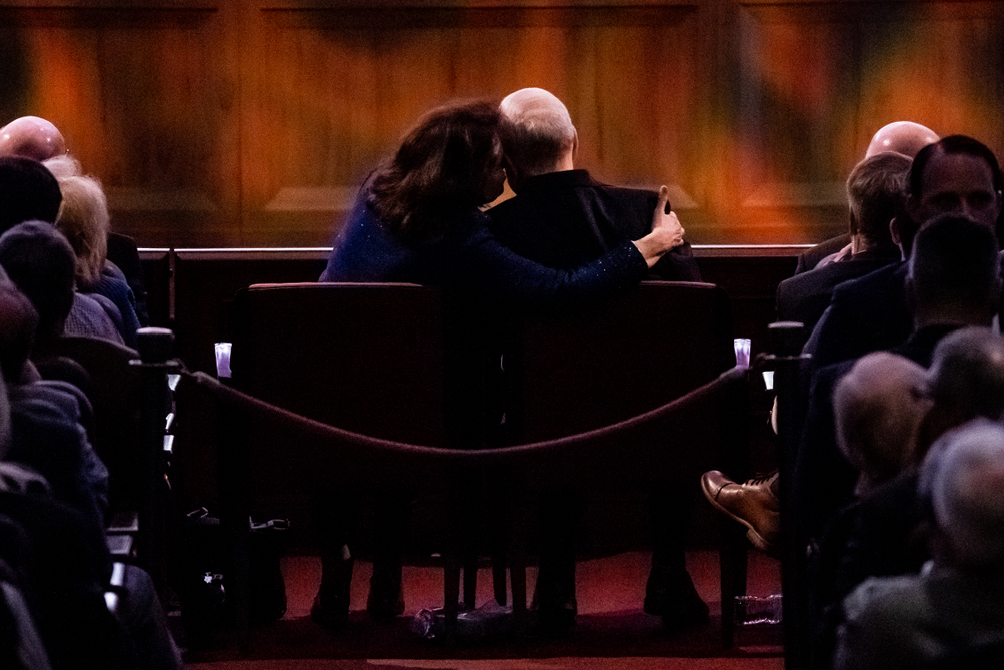 Sister Wendy Nelson and President Russell M. Nelson of The Church of Jesus Christ of Latter-day Saints, listen to performers during a celebration of President Nelson’s 95th birthday at the Conference Center in Salt Lake City on Friday, Sept. 6, 2019.