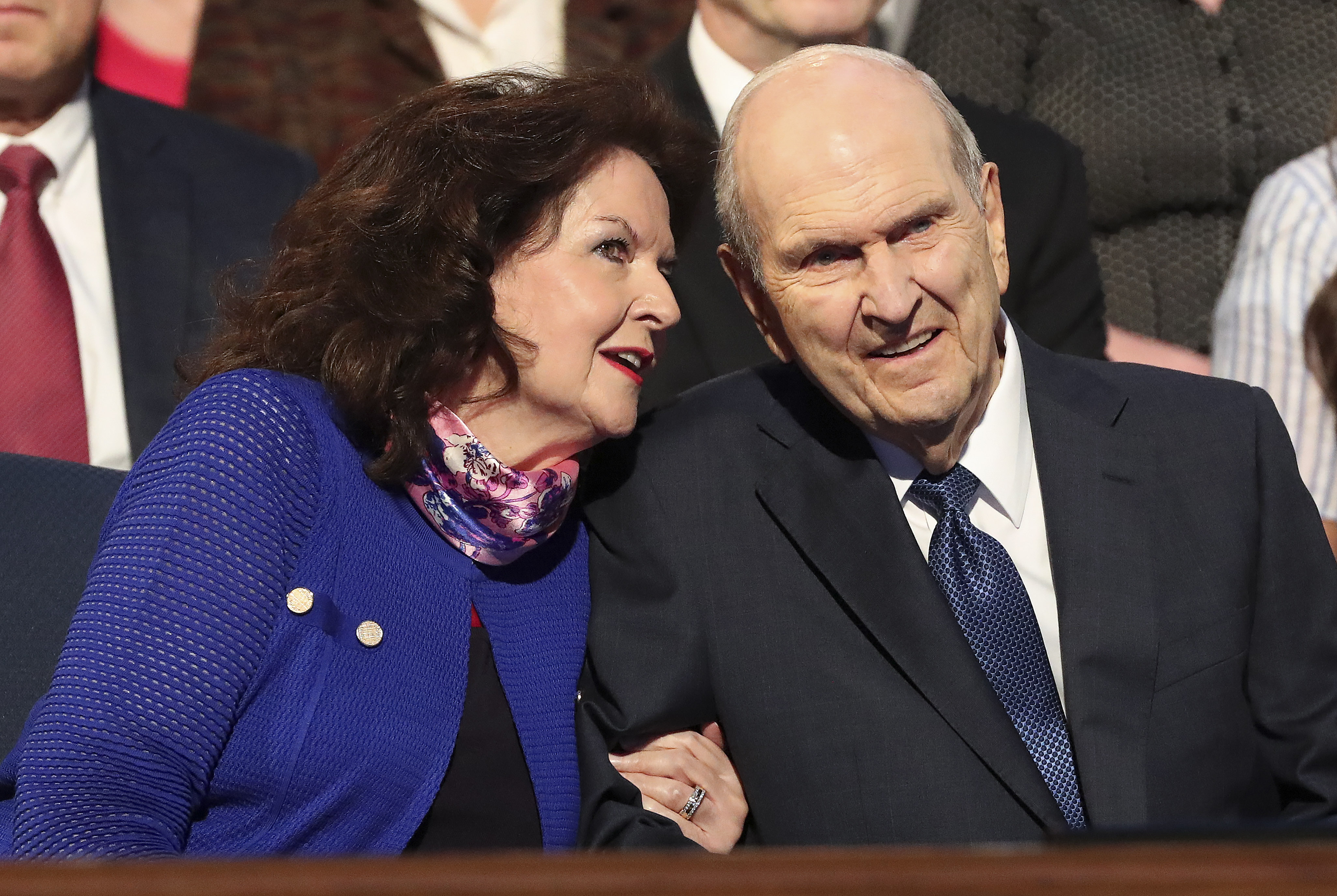 President Russell M. Nelson of The Church of Jesus Christ of Latter-day Saints and his wife, Sister Wendy Nelson, smile at students prior to a devotional at Brigham Young University in Provo on Tuesday, Sept. 17, 2019.