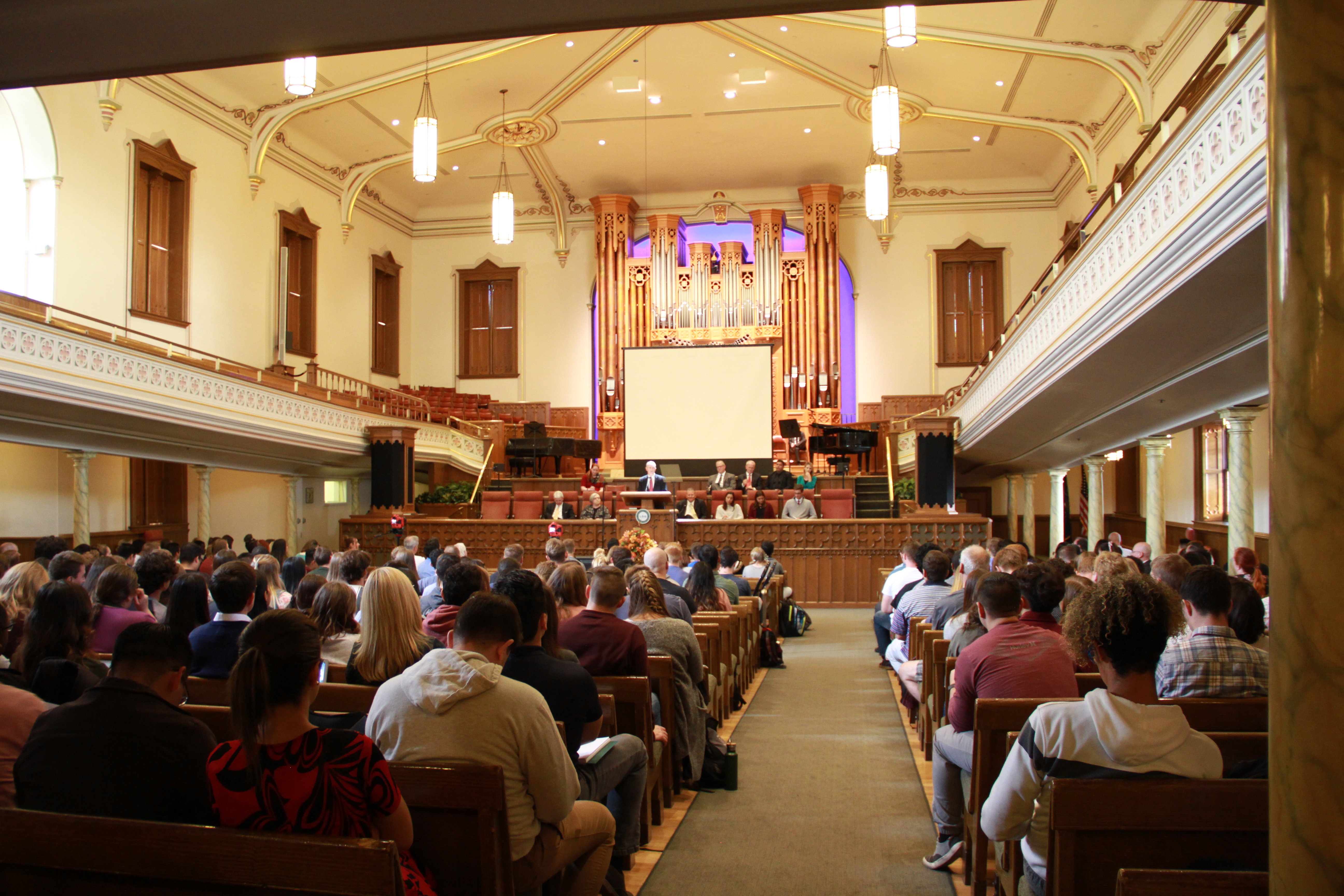 President Bruce C. Kusch speaks during a LDS Business College Devotional in the Assembly Hall on Temple Square on Sept. 24, 2019.