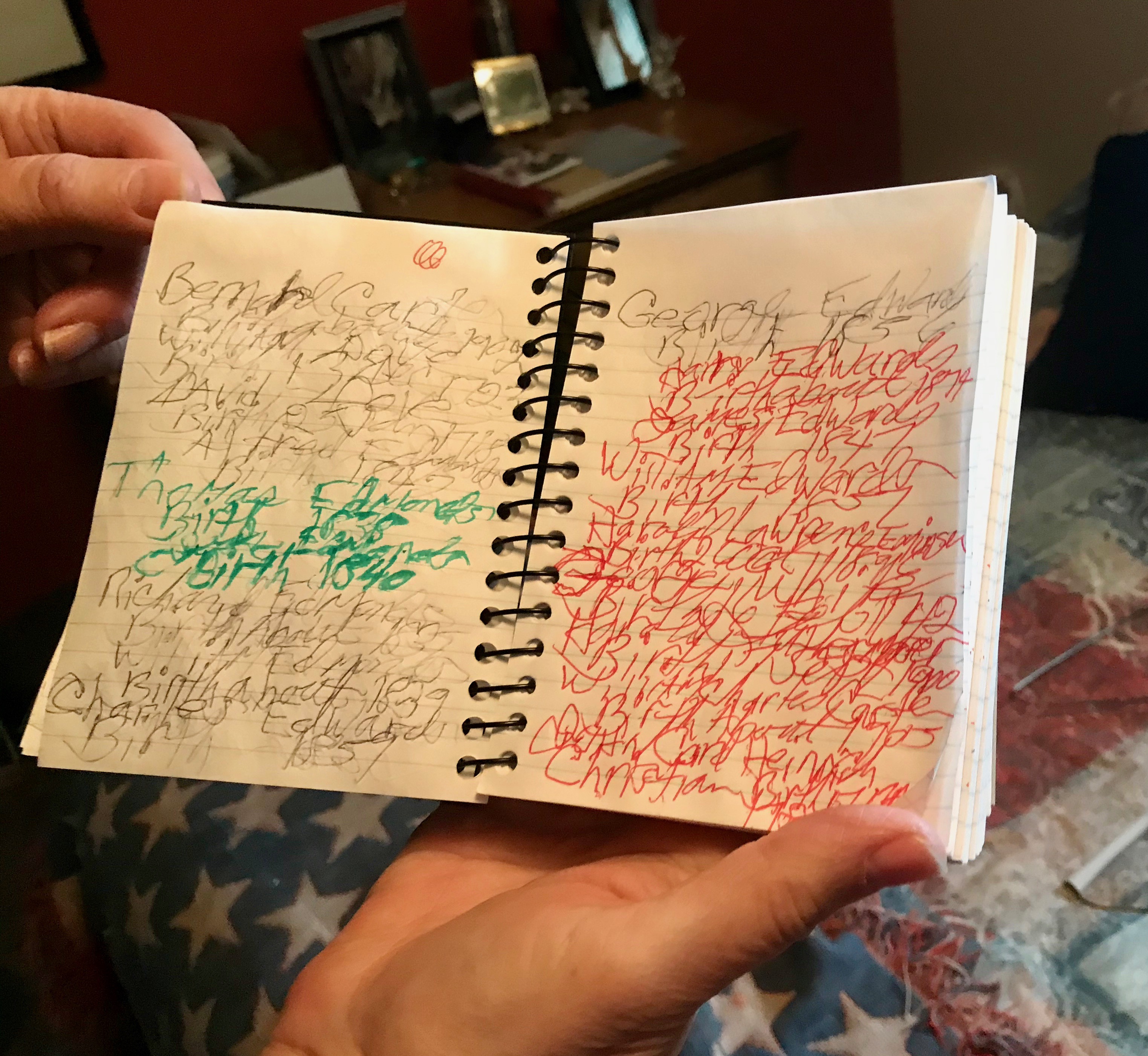 Dennis Preece keeps a handwritten record of names he's performed temple ordinances for in this small spiral notebook. 