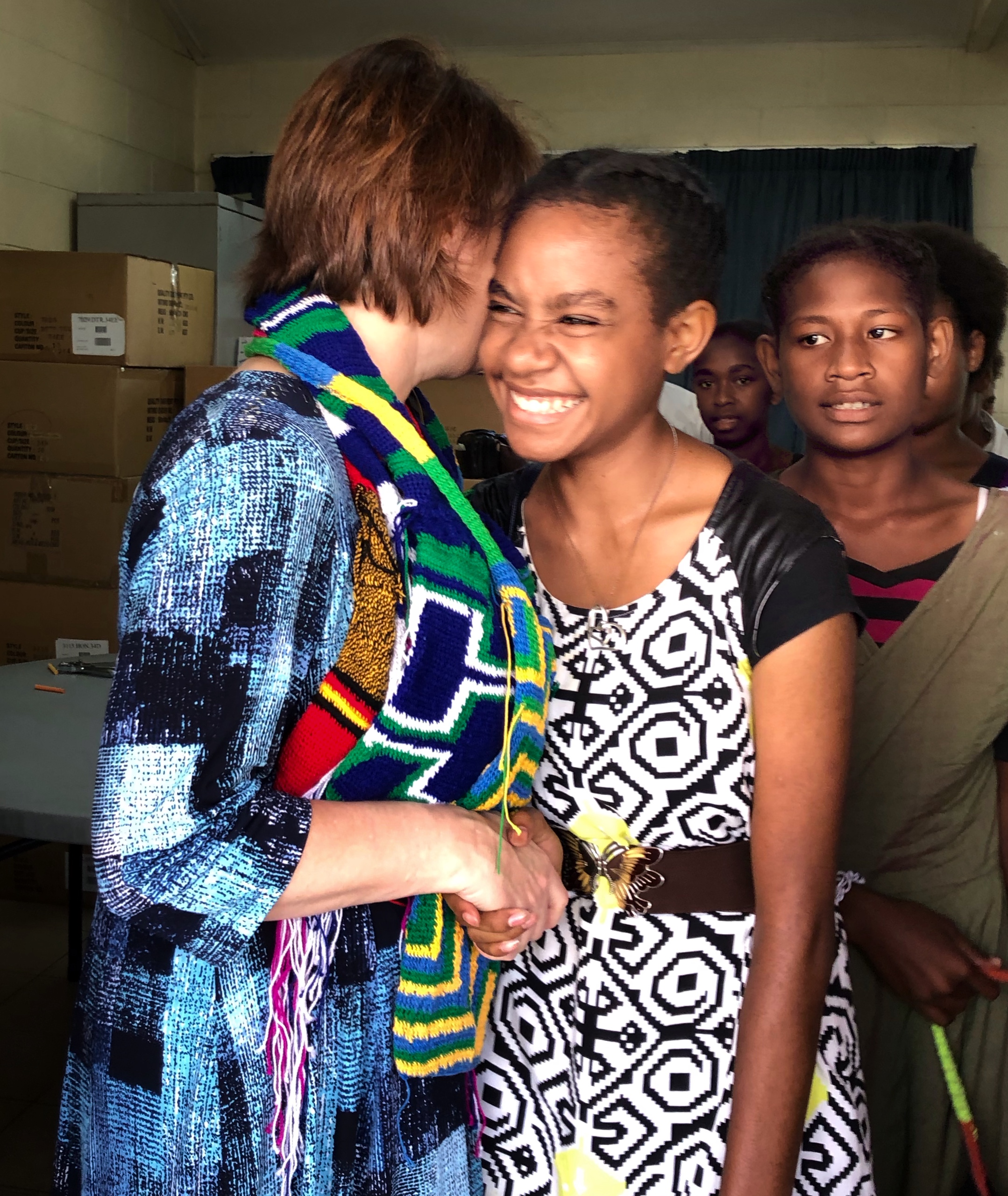 Sister Sharon Eubank greets members from the Port Moresby Papua New Guinea Stake and the Gerehu and Rigo districts in Papua New Guinea during a visit to the Pacific Area in October 2019.