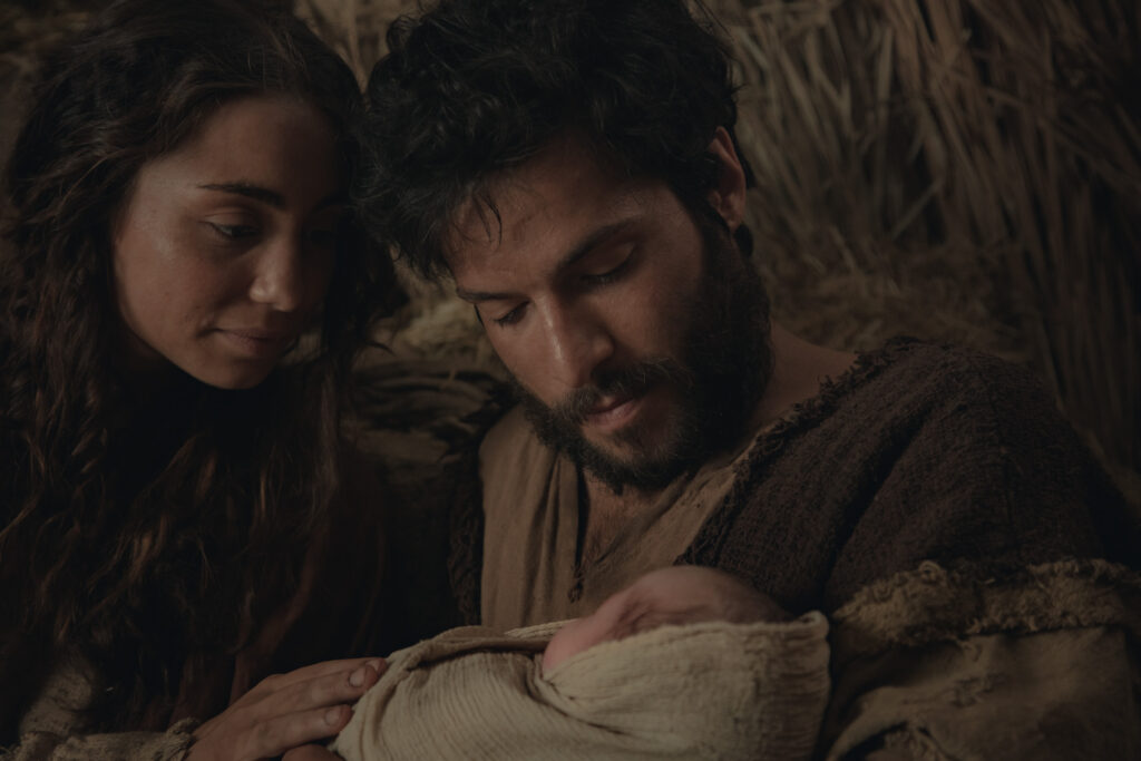 A scene from "The Christ Child" video produced by The Church of Jesus Christ of Latter-day Saints shows Mary and Joseph with a newborn baby Jesus.