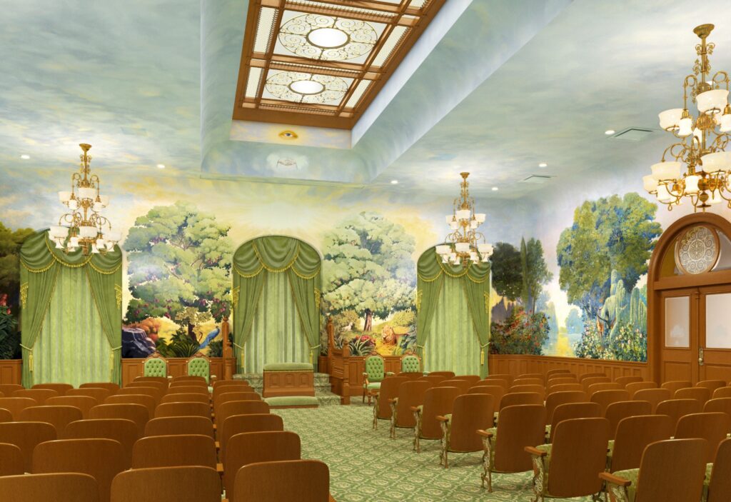 Una representación artística de la sala de jardín renovada en el Templo de Salt Lake, diciembre de 2019. 
