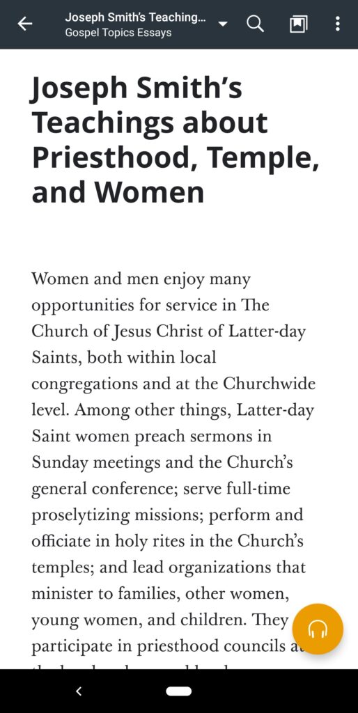 A screenshot of the Gospel Topics Essay, "Joseph Smith's Teachings about Priesthood, Temple, and Women" in the Gospel Library app.
