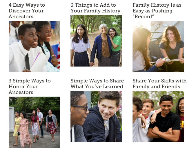 A new FamilySearch blog page called "Youth Connecting with Generations" features quick and simple ideas for youth to get involved in family history.