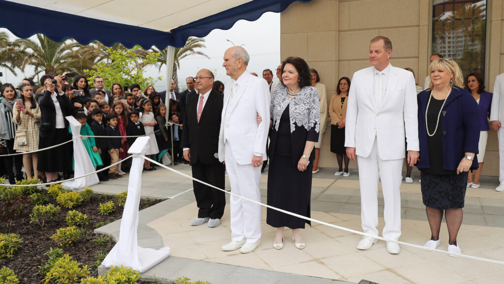 President Russell M. Nelson of The Church of Jesus Christ of Latter-day Saints and his wife Wendy Nelson and Elder Gary E. Stevenson, of the Quorum of the Twelve Apostles and his wife Lesa Stevenson during the dedication of the LDS Concepcion Chili Temple in Concepcion, Chili on Sunday, Oct. 28, 2018.