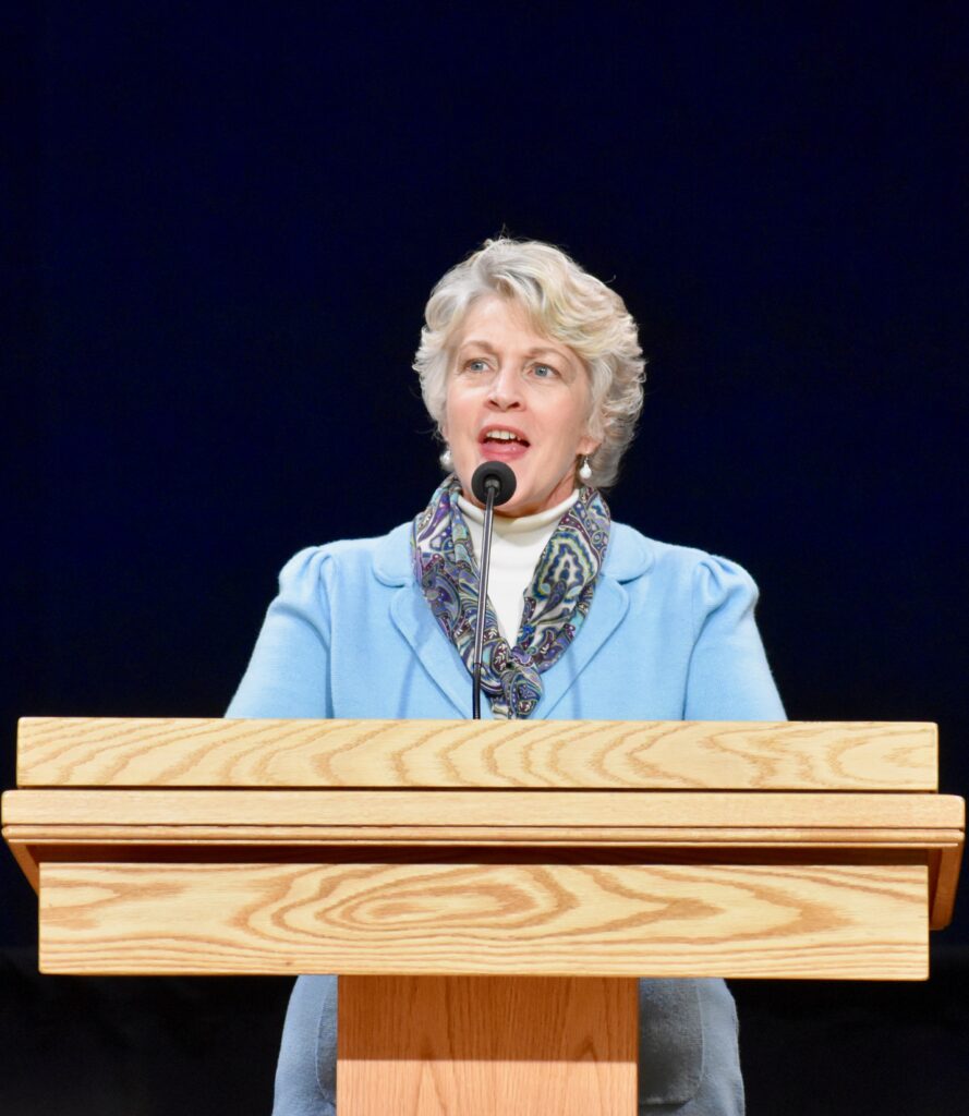 Sister Ruth Renlund, wife of Elder Dale G. Renlund, speaks during a Jan. 14, 2020, devotional at the Provo Missionary Training Center in Provo, Utah.