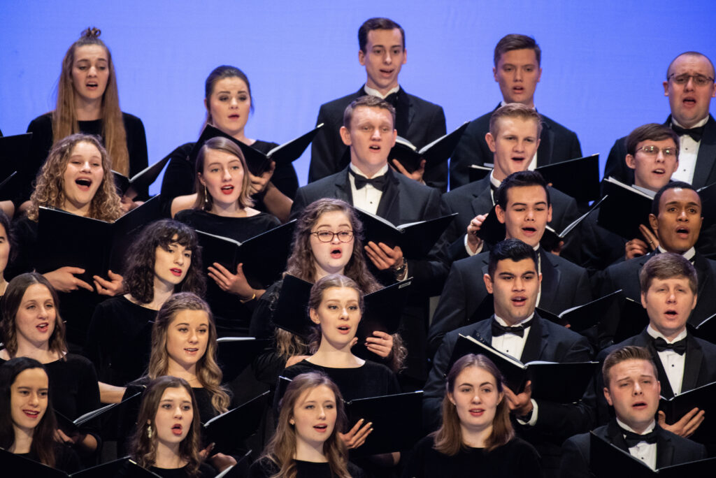 A choir of BYU–Idaho students sings at a campus devotional on Jan. 28, 2020.
