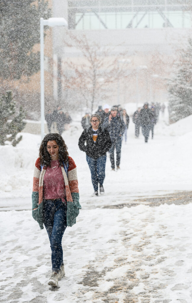 Students walk to a devotional at the BYU–Idaho Center in Rexburg, Idaho, on Jan. 28, 2020.
