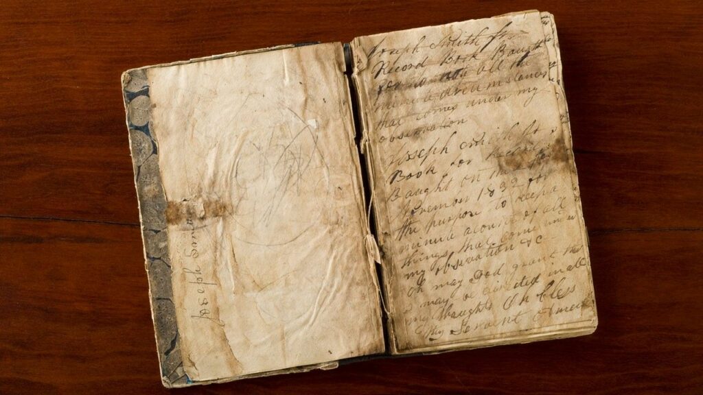 A photo of Joseph Smith's 1835 journal where he recounted his First Vision to Robert Matthews, a visitor to Kirtland, Ohio. The journal and other artifacts related to accounts of the First Vision are on display at the Church History Library exhibit "Foundations of Faith."