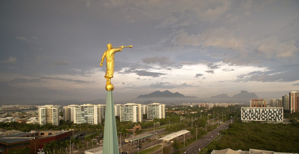 The Angel Moroni atop the Rio de Janeiro Brazil Temple.