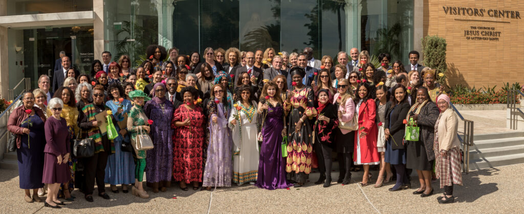 Attendees at the fourth annual International Women-in-Diplomacy Day, which was held at the Los Angeles California Temple Visitors' Center on Monday, March 9, 2020, pose for a group photo outside the visitors' center.