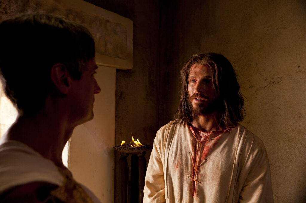 Jesus Christ meets with Pilate in private after being condemned in this scene from the Bible Videos.