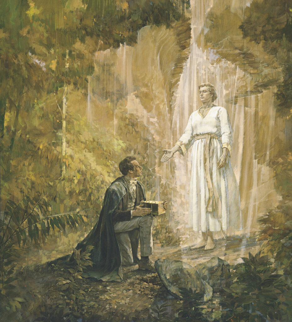 La pintura "José Smith recibe las planchas de oro" por el artista Kenneth Riley.
